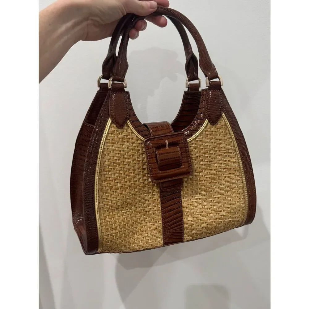NWT Brahmin Adrian Jardim satchel bag with raffia and croc-embossed leather